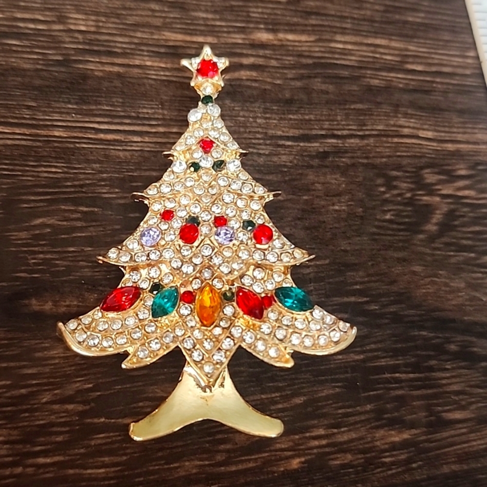 CHRISTMAS🎄Red Green Gold Enamel and Rhinestone Christmas Brooch